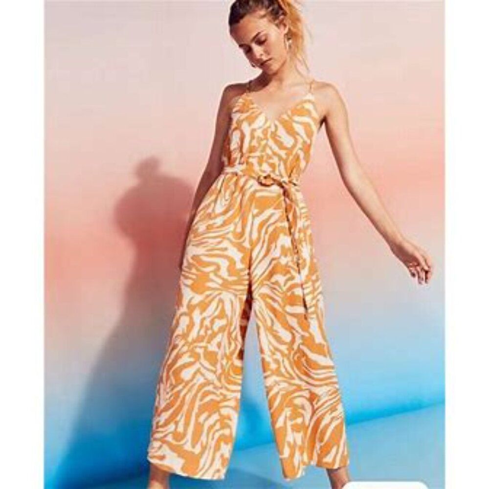 Jessica Simpson Women's Boho Beachy Animal Print Sleeveless Yellow Jumpsuit XS